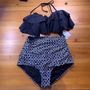 NWT Black & White two piece swimsuit - Size Large - high waisted bottoms